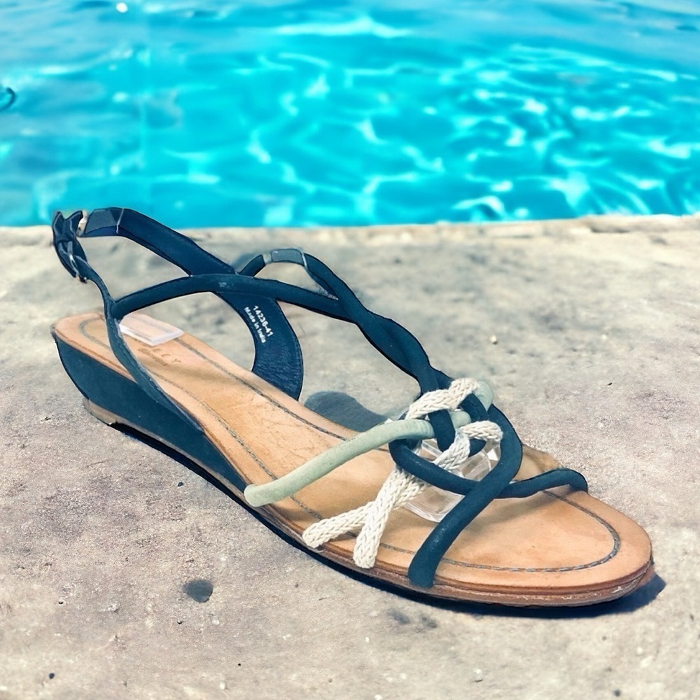 Radley London Navy Braided Leather Tube Strap Mini Wedge Sandals Size 41